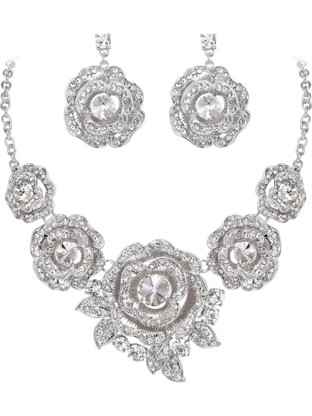Stunning Crystal Flower Cluster Necklace & Dangle Earrings Jewelry Set for Women
